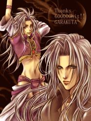 Rule 34 | 2000s (style), 2boys, black jacket, crossover, final fantasy, final fantasy ix, final fantasy vii, garakuta (chika), green eyes, hip vent, jacket, kuja, long hair, lowres, midriff, multicolored clothes, multiple boys, navel, sephiroth, shirt, silver hair, square enix, straight hair, vest, wavy hair, white shirt