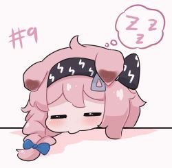 Rule 34 | 1girl, arknights, black hairband, blue bow, blush, bow, braid, chibi, closed eyes, commentary, english commentary, female focus, goldenglow (arknights), hair bow, hairband, kurotofu, lightning bolt print, long hair, pink hair, side braid, simple background, sleeping, solo, thought bubble, white background, zzz