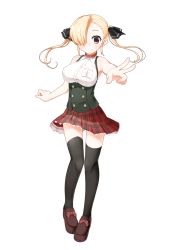 Rule 34 | 1girl, black thighhighs, blonde hair, breasts, chocola flex, choker, collar, female focus, flex-chan, full body, hair over one eye, hair ribbon, large breasts, long hair, looking at viewer, original, plaid, plaid skirt, red eyes, ribbon, skirt, sleeveless, smile, solo, standing, thighhighs, twintails, underbust, v, white background
