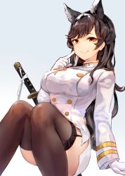 Rule 34 | 1girl, :&gt;, animal ears, atago (azur lane), azur lane, black thighhighs, buttons, closed mouth, double-breasted, garter straps, gloves, gradient background, grey background, hand up, highres, index finger raised, knees together feet apart, long hair, looking at viewer, miniskirt, mole, mole under eye, pencil skirt, sidelocks, skirt, smile, solo, sukemyon, swept bangs, thighhighs, thighs, uniform, wavy hair, white gloves