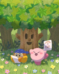 Rule 34 | bandana, bandana waddle dee, blue bandana, blue flower, blush stickers, brown eyes, closed eyes, commentary request, flower, forest, grass, highres, holding, holding paper, kirby, kirby (series), miclot, nature, nintendo, no humans, open mouth, paper, pink flower, smile, tree, whispy woods, white flower, yellow flower