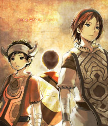 Rule 34 | 3boys, black eyes, black hair, blue eyes, brown hair, character name, crossover, english text, engrish text, from behind, hairband, horns, ico, ico (character), male focus, morisuke, multiple boys, ranguage, red hair, shadow of the colossus, surcoat, tabard, the boy (the last guardian), the last guardian, trico, wander (shadow of the colossus)