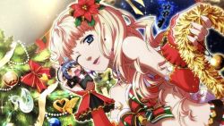 Rule 34 | 1girl, blonde hair, blue eyes, bra, character doll, christmas tree, detached sleeves, dutch angle, flower, fur-trimmed bra, fur trim, game cg, hair flower, hair ornament, holding, indoors, long hair, long sleeves, looking at viewer, macross, macross frontier, midriff, official art, one eye closed, open mouth, red bra, red flower, red sleeves, santa costume, sheryl nome, solo, stomach, strapless, strapless bra, underwear, uta macross sumaho deculture