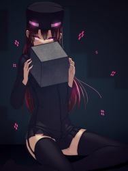 Rule 34 | 1girl, ander (at2.), at2., black thighhighs, brown hair, commentary request, enderman, garter straps, glowing, glowing eyes, hat, jacket, long hair, looking at viewer, minecraft, personification, purple eyes, simple background, skirt, solo, thighhighs, zettai ryouiki