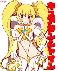 Rule 34 | 1girl, armor, blonde hair, blush, boots, border, bow, breasts, brown eyes, cameltoe, choker, cleavage cutout, clothing cutout, collar, crossover, cuffs, cure sunshine, frills, gloves, hair ornament, hairclip, heartcatch precure!, kamui (kill la kill), kill la kill, legs, life fiber, lingerie, long hair, myoudouin itsuki, navel, no panties, pongldr, precure, pussy, self-upload, shiny tambourine (heartcatch precure!), simple background, small breasts, solo focus, standing, thick thighs, thigh boots, thighhighs, thighs, thong, twintails, underwear, white border, wide hips