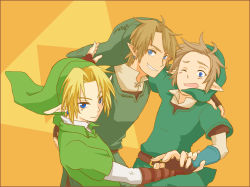 Rule 34 | 3boys, bad id, bad pixiv id, blue eyes, earrings, gloves, grin, highres, isa xe, jewelry, link, male focus, multiple boys, multiple persona, nintendo, pointy ears, smile, the legend of zelda, the legend of zelda: ocarina of time, the legend of zelda: skyward sword, the legend of zelda: twilight princess, wince