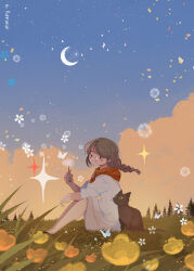 Rule 34 | 1girl, absurdres, artist name, brown hair, bug, butterfly, cat, crescent moon, flower, highres, insect, moon, original, outdoors, reinforced, solo