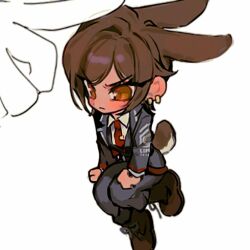 Rule 34 | 1girl, animal ears, black jacket, black pants, black vest, blush, boots, brown footwear, closed mouth, collared shirt, earrings, huyj cl, jacket, jewelry, limbus company, long sleeves, mini person, minigirl, necktie, outis (project moon), pants, petting, project moon, rabbit ears, rabbit tail, red necktie, shirt, simple background, sitting, solo, tail, vest, white background, white shirt
