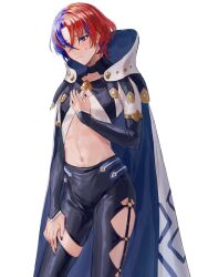 Rule 34 | 1boy, alear (fire emblem), alear (male) (fire emblem), black pants, blue eyes, blue hair, blue nails, cape, commentary request, cowboy shot, crop top, fire emblem, fire emblem engage, high collar, highres, leggings, long sleeves, male focus, midriff, nail polish, navel, nintendo, pants, red eyes, red hair, short hair, simple background, solo, standing, stomach, thighs, tomo shirasu, white background, white cape