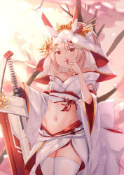 Rule 34 | 1girl, absurdres, alternate costume, alternate hairstyle, arm support, ayanami (azur lane), ayanami (demon&#039;s finest dress) (azur lane), azur lane, bad id, bad pixiv id, bare shoulders, blonde hair, blurry, blurry background, blush, breasts, choker, cleavage, collarbone, covered mouth, cowboy shot, detached sleeves, flower, flower over mouth, groin, hair between eyes, head tilt, headgear, heart, highres, holding, holding flower, holding sword, holding weapon, long hair, looking at viewer, medium breasts, mirufuaa, navel, outdoors, petals, pink background, red eyes, sheath, short hair, sidelocks, skindentation, solo, standing, stomach, sunset, sword, thighhighs, thighs, veil, weapon, white thighhighs