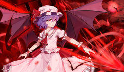Rule 34 | 1girl, animal, ascot, bat (animal), bat wings, cloud, collared shirt, commentary request, fang, fingernails, frilled shirt, frilled shirt collar, frilled skirt, frilled sleeves, frills, full moon, hat, hat ribbon, highres, holding, holding weapon, long fingernails, looking to the side, mob cap, moon, open mouth, pink hat, pink shirt, pink skirt, puffy short sleeves, puffy sleeves, purple hair, red ascot, red hair, red moon, red ribbon, remilia scarlet, ribbon, shirt, short hair, short sleeves, signature, skirt, skirt set, snozaki, solo, spear the gungnir, spread wings, touhou, weapon, wings, wrist cuffs