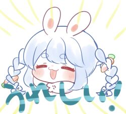 Rule 34 | 0725akaba, 1girl, :d, animal ears, blue hair, blush, bow, braid, carrot hair ornament, chibi, closed eyes, don-chan (usada pekora), facing viewer, food-themed hair ornament, hair bow, hair ornament, highres, hololive, long hair, multicolored hair, open mouth, portrait, rabbit ears, short eyebrows, simple background, smile, solo, thick eyebrows, translation request, twin braids, twintails, two-tone hair, usada pekora, virtual youtuber, white background, white bow, white hair