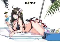 Rule 34 | 1girl, ahoge, bangle, bare shoulders, beach mat, bikini, black bikini, black hair, blue eyes, blue hawaii, bottle, bracelet, breasts, chestnut mouth, cleavage, closers, cooler, criss-cross halter, cup, drinking glass, drinking straw, flower, hair flower, hair ornament, hairclip, halterneck, halterneck, hibiscus, highres, holding, holding cup, hurricane glass, ice, ice cube, jewelry, large breasts, long hair, looking at viewer, navel, o-ring, o-ring bikini, official art, parted lips, sandals, side-tie bikini bottom, sidelocks, solo, star (symbol), stomach, swimsuit, thighs, tropical drink, wet, yuri seo