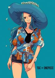 Rule 34 | 1girl, arm at side, ascot, black ascot, black eyes, black shorts, blouse, blue background, blue hair, breasts, copyright name, cowboy shot, flat color, flower, grey eyes, hat, hat flower, head tilt, highres, large breasts, large hat, long hair, looking at viewer, multicolored clothes, nefertari vivi, one piece, parted lips, petals, puffy short sleeves, puffy sleeves, sherumaru (korcht06), shirt, short shorts, short sleeves, shorts, signature, simple background, smile, solo, teeth, tilted headwear