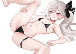 Rule 34 | 1girl, :q, ass, barefoot, bikini, black bikini, blue archive, blush, breasts, chen bingyou, flower, grey hair, hair flower, hair ornament, halterneck, highres, long hair, looking at viewer, micro bikini, mutsuki (blue archive), navel, pointy ears, purple eyes, side ponytail, simple background, skindentation, small breasts, smile, solo, spread legs, swimsuit, thigh strap, tongue, tongue out, white background