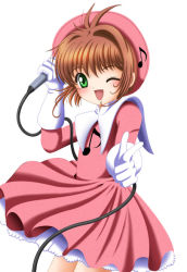 Rule 34 | 1990s (style), 1girl, ;d, antenna hair, beret, cable, cardcaptor sakura, child, dress, flipper, gloves, hat, holding, kinomoto sakura, long sleeves, looking at viewer, microphone, musical note, one eye closed, open mouth, pink dress, pink hat, retro artstyle, sailor collar, sailor dress, short hair, simple background, smile, solo, white background, white gloves