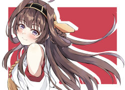 Rule 34 | 1girl, ahoge, brown hair, commentary request, dairyo3, detached sleeves, double bun, gold hairband, hair bun, hairband, headgear, highres, kantai collection, kongou (kancolle), long hair, looking at viewer, nontraditional miko, purple eyes, red background, shirt, simple background, sleeveless, sleeveless shirt, smile, solo, upper body