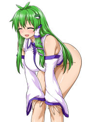 Rule 34 | 1girl, :d, ^ ^, antenna hair, armpit peek, bare shoulders, blush, bottomless, breasts, closed eyes, commentary request, detached sleeves, frog hair ornament, green hair, hair ornament, hair tubes, hands on own knees, heavy breathing, highres, itou yuuji, japanese clothes, kochiya sanae, large breasts, leaning forward, long hair, long sleeves, nontraditional miko, open mouth, shirt, sleeveless, sleeveless shirt, smile, snake hair ornament, solo, sweat, tareme, touhou, white shirt, wide sleeves