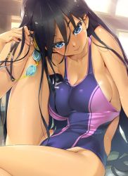 Rule 34 | 1girl, bare arms, bare legs, bare shoulders, black hair, blue eyes, breast press, breasts, cleavage, closed mouth, competition swimsuit, dark-skinned female, dark skin, goggles, unworn goggles, groin, happoubi jin, head tilt, holding, indoors, knee up, long hair, looking at viewer, one-piece swimsuit, pink lips, purple one-piece swimsuit, shiny skin, sideboob, sitting, skin tight, solo, swimsuit, very long hair