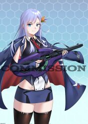 Rule 34 | 1girl, alceid, azur lane, bird of paradise flower, black thighhighs, blue eyes, blue hair, clothing cutout, coat, coat on shoulders, commentary, commission, covenant carbine, cowboy shot, english commentary, fingerless gloves, flower, gloves, gun, hair flower, hair ornament, halo (series), highres, holding, holding gun, holding weapon, honeycomb (pattern), honeycomb background, long hair, necktie, red necktie, thighhighs, ticonderoga (azur lane), trigger discipline, watermark, weapon