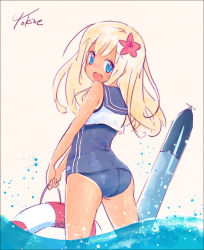 Rule 34 | 10s, 1girl, ass, blonde hair, blue eyes, crop top, flower, from behind, hair flower, hair ornament, highres, kantai collection, lifebuoy, long hair, looking at viewer, looking back, md5 mismatch, one-piece tan, open mouth, resolution mismatch, ro-500 (kancolle), sailor collar, school swimsuit, signature, solo, source smaller, swim ring, swimsuit, swimsuit under clothes, tan, tanline, tokine (maikaze), torpedo