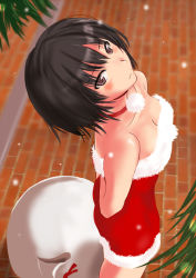 Rule 34 | 1girl, amagami, arms behind back, bare shoulders, black hair, blush, breasts, brown eyes, choker, christmas, cleavage, collar, collarbone, female focus, from above, looking at viewer, looking up, murasaki iro, nanasaki ai, santa costume, short hair, smile, snow, snowing, solo, strapless