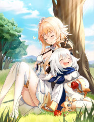 Rule 34 | 2girls, apple, bare shoulders, blonde hair, blue scarf, blush, breasts, closed eyes, closed mouth, commentary request, day, dress, feather hair ornament, feathers, flower, food, fruit, genshin impact, grass, hair between eyes, hair flower, hair ornament, halo, highres, long sleeves, lumine (genshin impact), multiple girls, open mouth, outdoors, paimon (genshin impact), sarablanche, scarf, short hair, short hair with long locks, signature, sitting, sleeping, smile, thighhighs, tree, under tree, white dress, white flower, white hair