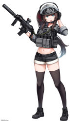 Rule 34 | 1girl, absurdres, belt, belt buckle, black belt, black footwear, black gloves, black shorts, blush, brown hair, buckle, collared shirt, commentary, commission, crop top, english commentary, full body, fur-trimmed shorts, fur trim, gloves, green eyes, grey shirt, gun, h&amp;k mp7, hair ribbon, hand up, helmet, highres, holding, holding gun, holding weapon, long hair, long sleeves, looking away, looking to the side, midriff, navel, ndtwofives, open mouth, original, red ribbon, ribbon, scope, shirt, shoes, short shorts, shorts, side ponytail, simple background, solo, standing, submachine gun, suppressor, termichan (not-a-bot), thighhighs, trigger discipline, very long hair, weapon, white background
