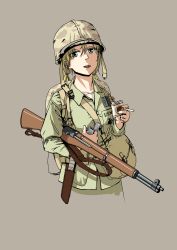 Rule 34 | 1girl, absurdres, backpack, bag, blonde hair, blue eyes, brown bag, camouflage, camouflage headwear, chin strap, cigarette, cigarette pack, clip (weapon), collarbone, collared shirt, combat helmet, commentary request, green pants, green shirt, grey background, gun, hair between eyes, helmet, highres, holding, holding cigarette, holding gun, holding lighter, holding weapon, knife, lighter, long sleeves, looking at viewer, low twintails, lucky strike, magazine (weapon), open mouth, original, pants, rifle, shirt, shoulder bag, simple background, soldier, solo, tudou jun, twintails, undershirt, upper body, weapon, weapon request, white shirt, world war ii, zippo lighter