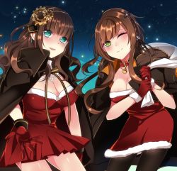 Rule 34 | 2girls, ;), aqua eyes, bad id, bad pixiv id, bell, black legwear, blush, braid, breasts, brown hair, cape, cardia beckford, character request, cleavage, code:realize, collar, fur trim, gear hair ornament, gloves, green eyes, large breasts, long hair, looking at viewer, multiple girls, one eye closed, over shoulder, pantyhose, red gloves, s2cikn (yuzu), sack, smile, standing