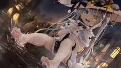 Rule 34 | 1girl, barefoot, blue eyes, blush, bow, building, commission, dress, dutch angle, feet, female focus, foot focus, frills, grey hair, hat, heterochromia, highres, long hair, long sleeves, night, night sky, open mouth, original, outdoors, pixiv commission, rabbit, sitting, sky, soles, solo, splashing, star (sky), star (symbol), starry sky, toes, top hat, utatanecocoa, very long hair, water, window, witch hat