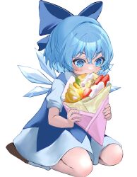 Rule 34 | 1girl, absurdres, blue bow, blue dress, blue eyes, blue hair, bow, cirno, cream, crepe, dress, eating, food, fruit, hair bow, highres, ice, ice wings, large bow, lemon, lemon slice, mikan (manmarumikan), oversized food, oversized object, short hair, short sleeves, sitting, solo, sparkling eyes, strawberry, strawberry slice, touhou, white background, wings