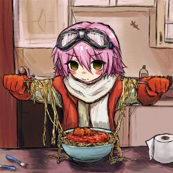 Rule 34 | 1girl, bowl, bubbacterial, flcl, food, gloves, goggles, goggles on head, haruhara haruko, highres, how bikers eat there sketty (meme), jacket, meatball, meme, paper towel, pasta, pink hair, red gloves, red jacket, scarf, sketch, solo, spaghetti, spaghetti and meatballs, tomato sauce, white scarf, yellow eyes