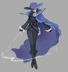Rule 34 | 1girl, ashi (dongshi389), black footwear, black gloves, black jacket, black pantyhose, blue cape, blue hat, blue necktie, boots, brown eyes, brown hair, cape, cavalier hat, closed mouth, collared shirt, frilled sleeves, frills, full body, gloves, hat, highres, holding, holding sword, holding weapon, jacket, limbus company, looking at viewer, necktie, outis (project moon), pantyhose, project moon, rapier, shirt, smile, solo, sword, weapon, white shirt