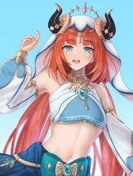 Rule 34 | 1girl, :d, absurdres, bare shoulders, blue background, blue eyes, breasts, brooch, circlet, crop top, detached sleeves, evangellium, forehead jewel, genshin impact, gold trim, hand up, highres, horns, jewelry, long hair, long sleeves, navel, neck ring, nilou (genshin impact), open mouth, parted bangs, puffy long sleeves, puffy sleeves, red hair, skirt, small breasts, smile, solo, stomach, teeth, twintails, upper teeth only, vambraces, veil, vision (genshin impact)