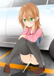 Rule 34 | 1girl, bar censor, black thighhighs, blue sweater vest, blush, bow, bowtie, brown footwear, brown hair, car, censored, cloud, crossed arms, green eyes, grey skirt, highres, long hair, long sleeves, looking at viewer, motor vehicle, no panties, parking lot, peeing, pink bow, pink bowtie, pink shirt, plaid, plaid skirt, puddle, pussy, reflection, school uniform, shirt, shoes, sitting, skirt, sky, smile, sweater vest, thighhighs, wataru
