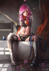 Rule 34 | 1girl, artist name, asymmetrical legwear, asymmetrical sleeves, belt, between breasts, boots, breasts, can, cleavage, confetti, dantewontdie, drink can, flower, full body, green eyes, guitar, highres, instrument, large breasts, long hair, mismatched legwear, mismatched sleeves, navel, original, pepsi, pink hair, ringlets, rose, scarf, shirt, signature, sitting, smile, soda can, solo, speaker, stage, striped, thighhighs, tied shirt, tile floor, tiles