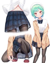 Rule 34 | 1girl, beret, blue bow, blue bowtie, blue hair, blue skirt, blush, bow, bowtie, brown cardigan, brown pantyhose, cardigan, collared shirt, earrings, green hair, grin, hat, highres, hololive, jewelry, k mugura, long sleeves, looking at viewer, multicolored hair, multiple views, off shoulder, open cardigan, open clothes, panties, panties under pantyhose, pantyhose, plaid, plaid bow, plaid bowtie, plaid skirt, red eyes, red footwear, shirt, shoes, short hair, simple background, skirt, smile, squatting, streaked hair, underwear, uruha rushia, uruha rushia (school uniform), virtual youtuber, white background, white headwear, white pantyhose, white shirt