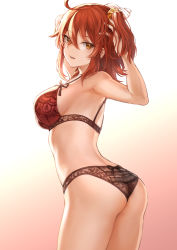 Rule 34 | 1girl, adjusting hair, ahoge, arched back, armpit peek, armpits, arms up, artist name, ass, black panties, bra, breasts, commentary, cowboy shot, fate/grand order, fate (series), female focus, from behind, fujimaru ritsuka (female), gradient background, hair between eyes, hair ornament, hair scrunchie, hand in own hair, highres, lace, lace bra, lace panties, large breasts, lingerie, looking at viewer, looking back, mashuu (neko no oyashiro), orange hair, panties, parted lips, red bra, scrunchie, signature, solo, twitter username, underwear, underwear only, yellow eyes, yellow scrunchie