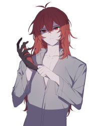 Rule 34 | 1boy, absurdres, black gloves, closed mouth, collarbone, collared shirt, diluc (genshin impact), genshin impact, glove pull, gloves, grey shirt, hair between eyes, highres, kkopoli, long hair, long sleeves, male focus, red eyes, red gloves, red hair, shirt, simple background, white background
