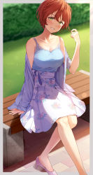 Rule 34 | 1girl, absurdres, alternate costume, blue camisole, blue cardigan, blurry, blurry background, blush, bra, bra strap, braid, breasts, brown hair, camisole, cardigan, cleavage, collarbone, commission, floral print, grass, grin, head tilt, high heels, highres, holding, holding hair, idolmaster, idolmaster cinderella girls, lace, lace-trimmed bra, lace trim, looking at viewer, medium breasts, nira (vira), on bench, outdoors, pleated skirt, print skirt, ribbed camisole, short hair, sitting, skeb commission, skirt, smile, solo, underwear, yoshioka saki