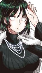 Rule 34 | 1girl, black hair, breasts, constricted pupils, feather boa, female focus, frown, fubuki (one-punch man), jewelry, large breasts, lowres, namake tarou, necklace, one-punch man, pearl necklace, ribbed sweater, short hair, simple background, solo, sweatdrop, sweater, turtleneck