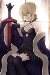 Rule 34 | 1girl, artoria pendragon (all), artoria pendragon (fate), blonde hair, breasts, cape, cleavage, coat, elbow gloves, excalibur morgan (fate), fate/grand order, fate/stay night, fate (series), fur-trimmed cape, fur coat, fur trim, gloves, looking at viewer, pale skin, saber (fate), saber alter, short hair, solo, takashima saki, thighhighs, thighs, window, yellow eyes