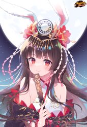 Rule 34 | 1girl, absurdres, animal ears, bare shoulders, bead bracelet, beads, blunt bangs, bracelet, brown hair, commentary, copyright name, english commentary, flower, hair flower, hair ornament, highres, holding, japanese clothes, jewelry, kaguyahime (mahjong soul), kusumoto shizuru, logo, long hair, looking at viewer, mahjong soul, moon, night, official art, official wallpaper, rabbit ears, red eyes, smile, upper body