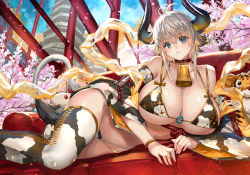 Rule 34 | 1girl, animal ears, animal print, antenna hair, bare shoulders, bell, bikini, blonde hair, blue eyes, blush, bracelet, breasts, cherry blossoms, chinese zodiac, cleavage, collar, collarbone, commentary request, couch, cow ears, cow girl, cow horns, cow print, cow tail, cowbell, fingernails, flipped hair, gradient horns, highleg, highleg bikini, highleg swimsuit, highres, horns, huge breasts, jacket, japanese clothes, jewelry, looking at viewer, lying, mole, mole on breast, multicolored horns, navel, neck bell, o-ring, o-ring top, on side, original, parted lips, ran&#039;ou (tamago no kimi), shawl, short hair, sidelocks, skindentation, solo, string bikini, stuffed animal, stuffed toy, swimsuit, tail, thighhighs, tower, tree, year of the ox