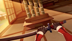 Rule 34 | 1girl, absurdres, architecture, bamboo, brown gloves, door, east asian architecture, gloves, highres, holding, holding sword, holding weapon, honkai (series), honkai impact 3rd, indoors, jacket, katana, long sleeves, raiden mei, raiden mei (valkyrie bladestrike), red jacket, sheath, sheathed, solo, sundial dreams, sunlight, sunrise, sword, table, weapon