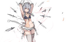Rule 34 | 1girl, apron, armpits, arms up, bikini, braid, breasts, choker, cleavage, elbow gloves, front-tie bikini top, front-tie top, gloves, highres, izayoi sakuya, knife, looking at viewer, maid apron, navel, panties (pantsu-pirate), red eyes, revision, short hair, silver hair, small breasts, solo, swimsuit, thighhighs, touhou, twin braids, white thighhighs, wide hips