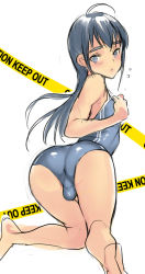 Rule 34 | 1boy, ahoge, androgynous, ass, black hair, blush, bulge, coin rand, from behind, kneeling, long hair, looking back, one-piece swimsuit, sketch, swimsuit, testicles, trap