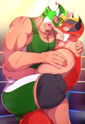 Rule 34 | 2boys, alternate costume, animal ears, bara, bare shoulders, black hair, bulge, bulge press, bulges touching, carrying, closed eyes, commission, couple, cow ears, cow horns, crow (siranui), dark-skinned male, dark skin, facial hair, fake animal ears, goatee, green hair, highres, horns, ikusaba daisuke, large pectorals, male focus, protagonist 3 (housamo), multicolored hair, multiple boys, muscular, muscular male, pectoral cleavage, pectorals, princess carry, second-party source, short hair, sideburns, sidepec, singlet, smirk, taurus mask, thick thighs, thighs, tokyo houkago summoners, two-tone hair, wrestling mask, wrestling outfit, yaoi
