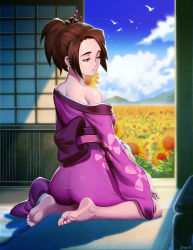 Rule 34 | 1girl, artist name, ass, back, barefoot, breasts, brown eyes, brown hair, cloud, cloudy sky, commentary request, day, evening, feet, field, flower, flower field, from behind, fuu (samurai champloo), genzoman, japanese clothes, kimono, leaf, looking back, medium breasts, ponytail, purple kimono, samurai champloo, short hair, shoulder blades, sitting, sky, soles, solo, standing, sunflower, sunlight, toes